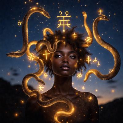 The primary subject of the image is a woman with a unique hairstyle, featuring a snake or a long braid. She is surrounded by a vibrant and colorful environment, with a backdrop of a night sky. The visual style of the image is a combination of photo and digital art, creating a surreal and artistic atmosphere. The colors and mood of the image are predominantly dark and mysterious, with the woman's hair and the surrounding elements glowing with a golden light.